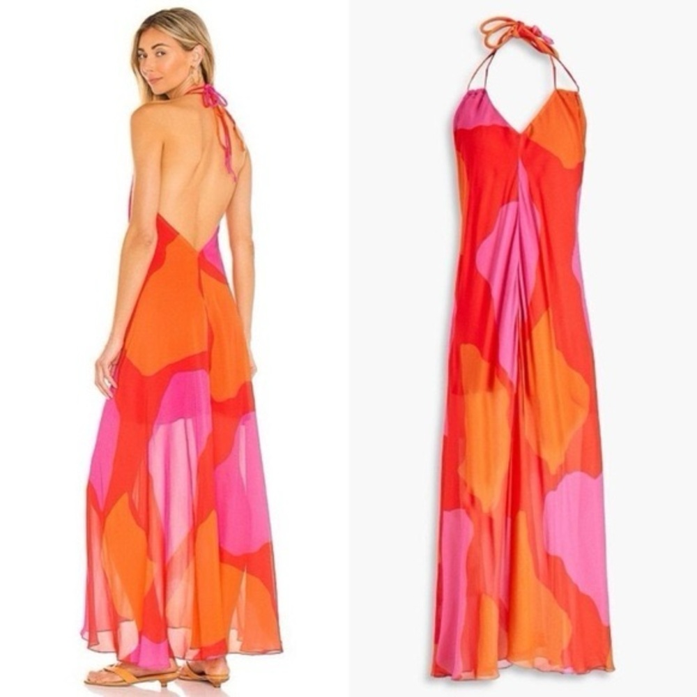 VIX PAULA HERMANNY Printed Crepe De Chine Halterneck Maxi Dress M